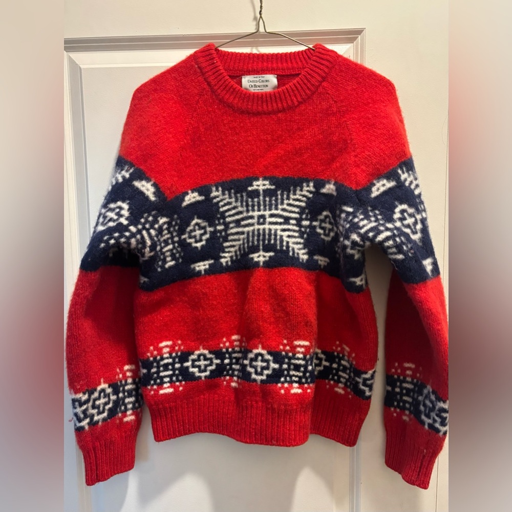 United Colors Of Benetton Red and Blue Crewneck Nordic Snowflake sweater